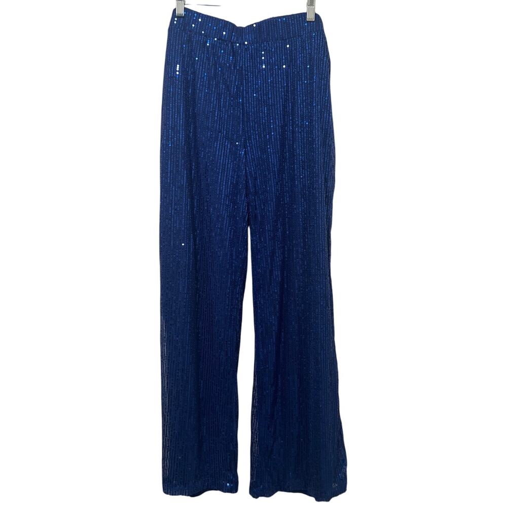 Women's Blue Elastic Waist Sparkly Sequins Wide Leg Pull On Pants Size 2XL
